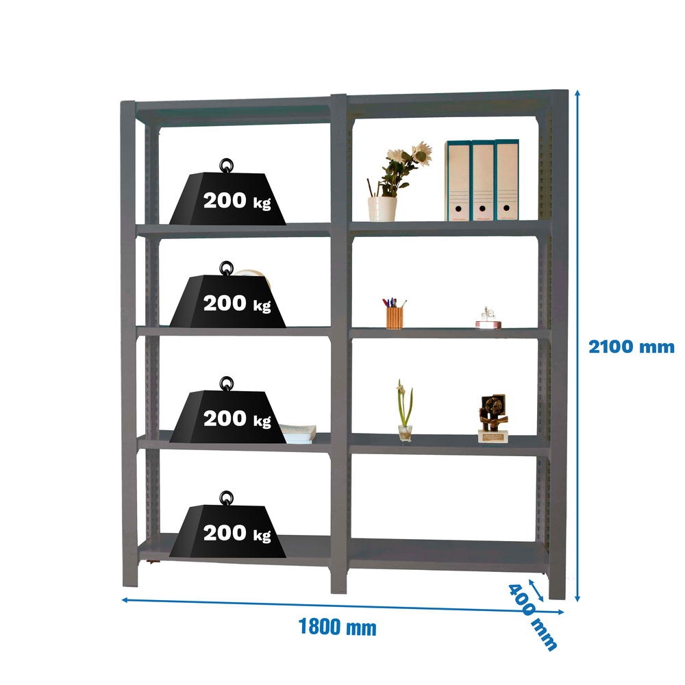 Rayonnage de bureau charge légère sans vis 2100x1800x400 - 5 niveaux Anthracite - SIMON RACK - 8425437108914