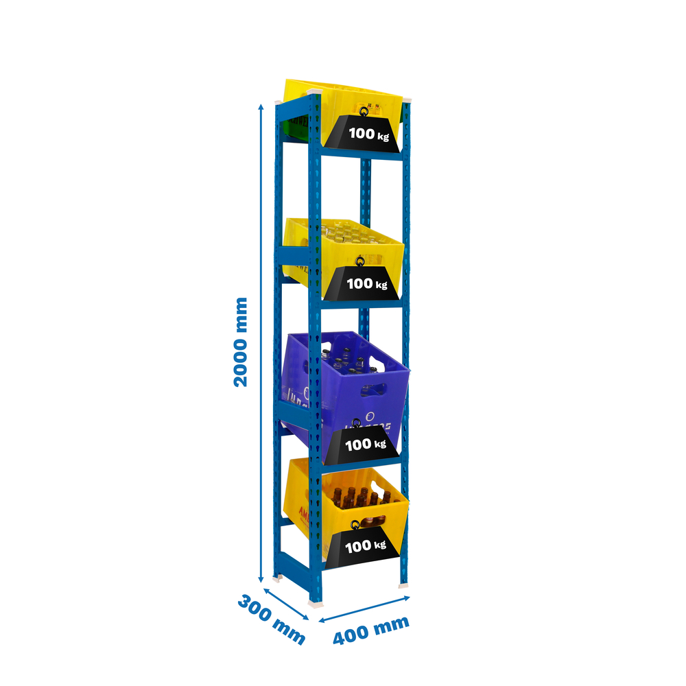 Rayonnage léger tri de bouteille sans vis 2000x400x300 - 4 niveaux Bleu - SIMON RACK - 8425437119491
