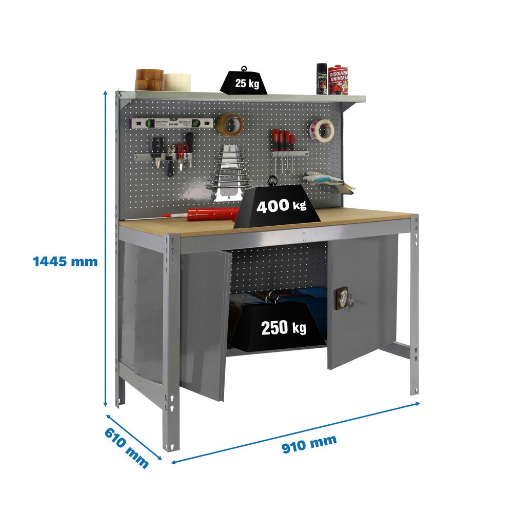 Kit établi Bricolage - 1445x910x610 - 1 niveau Gris/Bois - SIMON RACK - 8425437123207