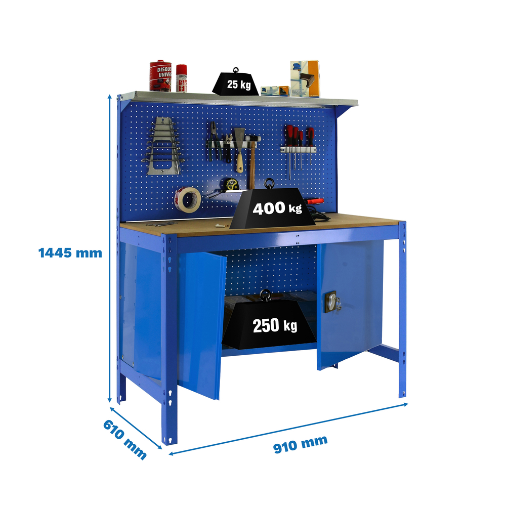 Kit établi Bricolage - 1445x910x610 - 1 niveau Bleu/Bois - SIMON RACK - 8425437123214
