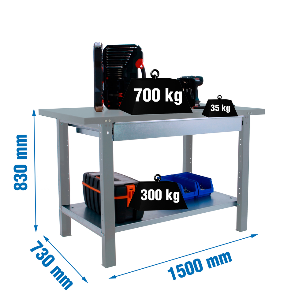 Kit établi Bricolage - 830x1500x730 - 1 niveau Gris - SIMON RACK - 8425437124822