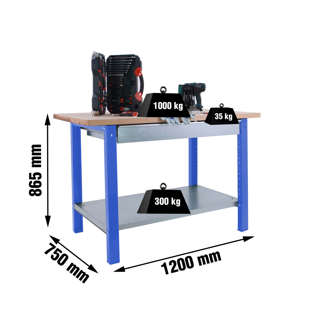 Kit établi Bricolage - 865x1200x750 - 1 niveau Bleu - SIMON RACK - 8425437125058