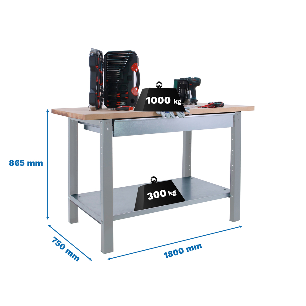 Kit établi Bricolage - 865x1800x750 - 1 niveau Gris - SIMON RACK - 8425437125089