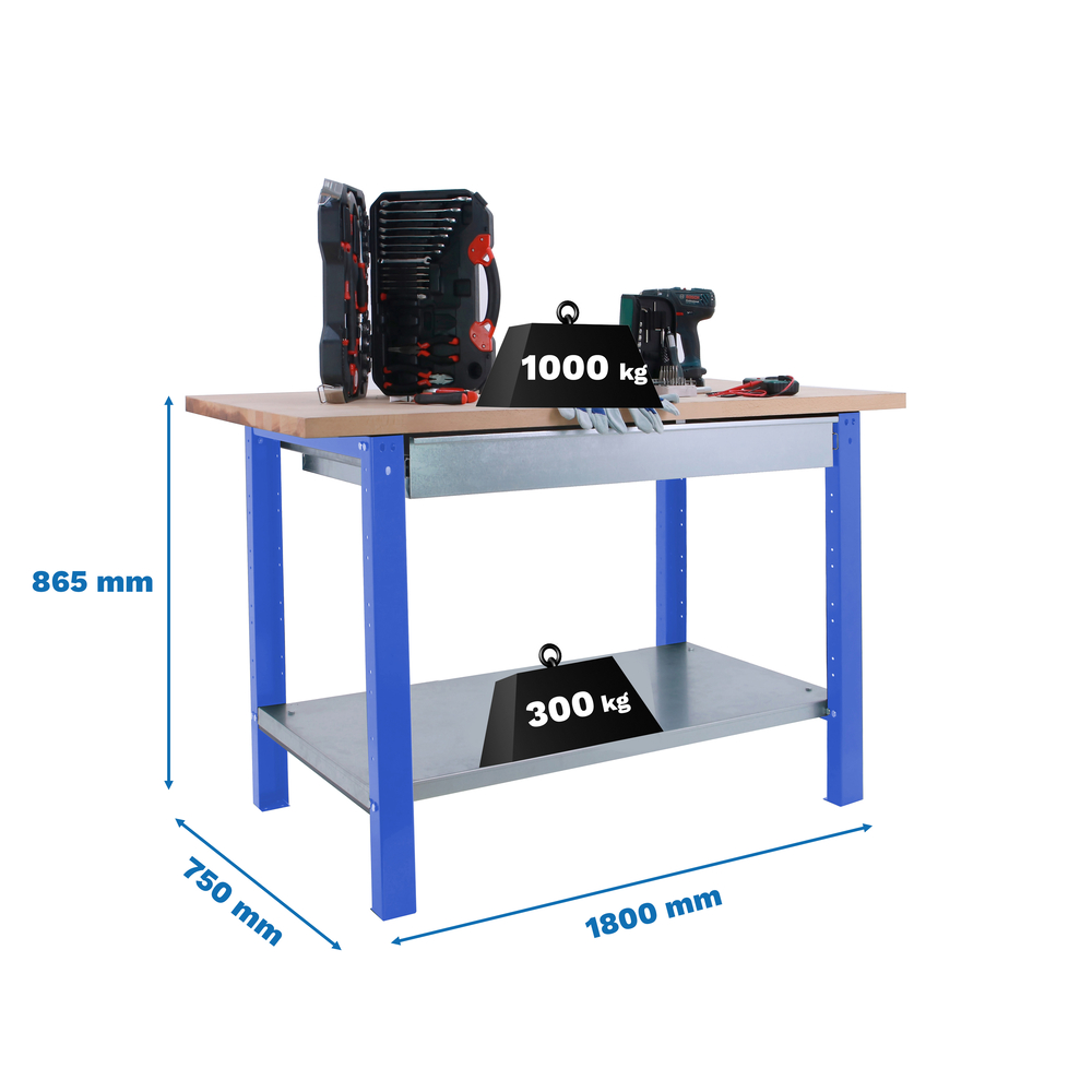 Kit établi mobile Bricolage - 865x1800x750 - 1 niveau Bleu - SIMON RACK - 8425437125096