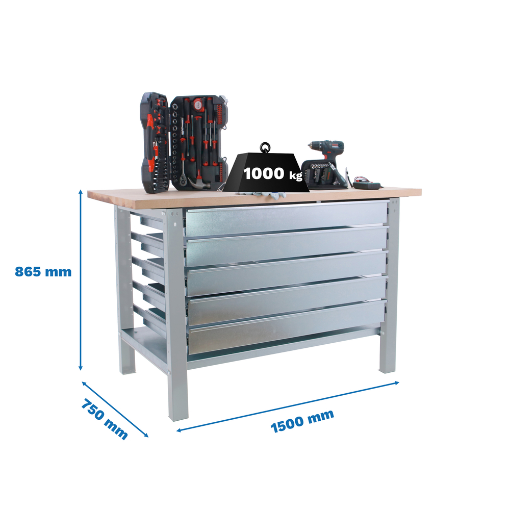 Kit établi mobile Bricolage - 865x1500x750 - 1 niveau Gris - SIMON RACK - 8425437125126