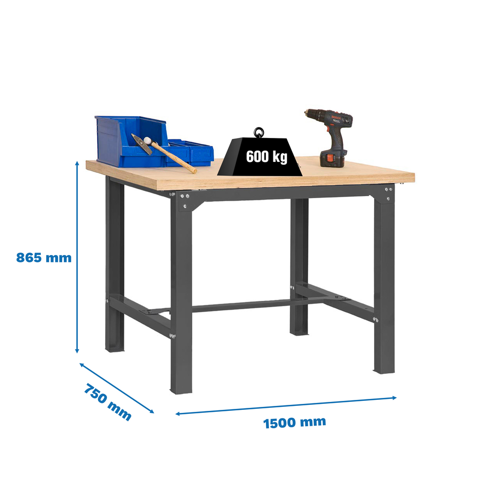 Kit établi Bricolage - 865x1500x750 - 1 niveau Anthracite/Bois - SIMON RACK - 8425437125812