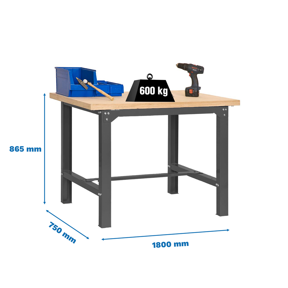 Kit établi Bricolage - 865x1800x750 - 1 niveau Anthracite/Bois - SIMON RACK - 8425437125829