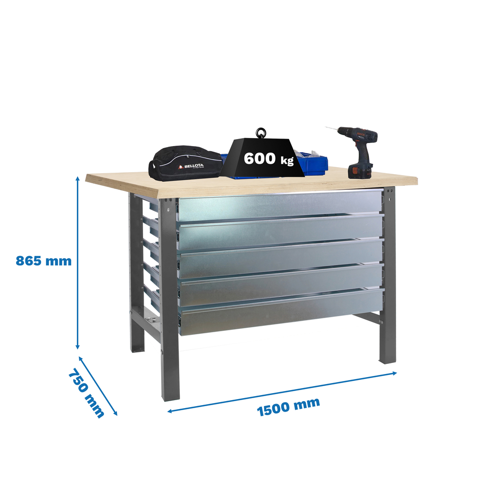 Kit établi mobile Bricolage - 865x1500x750 - 1 niveau Gris/Bois - SIMON RACK - 8425437125904