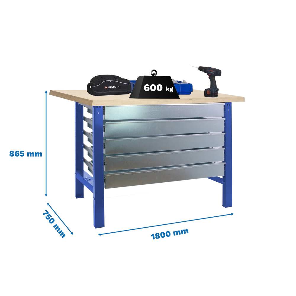Kit établi mobile Bricolage - 865x1800x750 - 1 niveau Bleu/Bois - SIMON RACK - 8425437125942