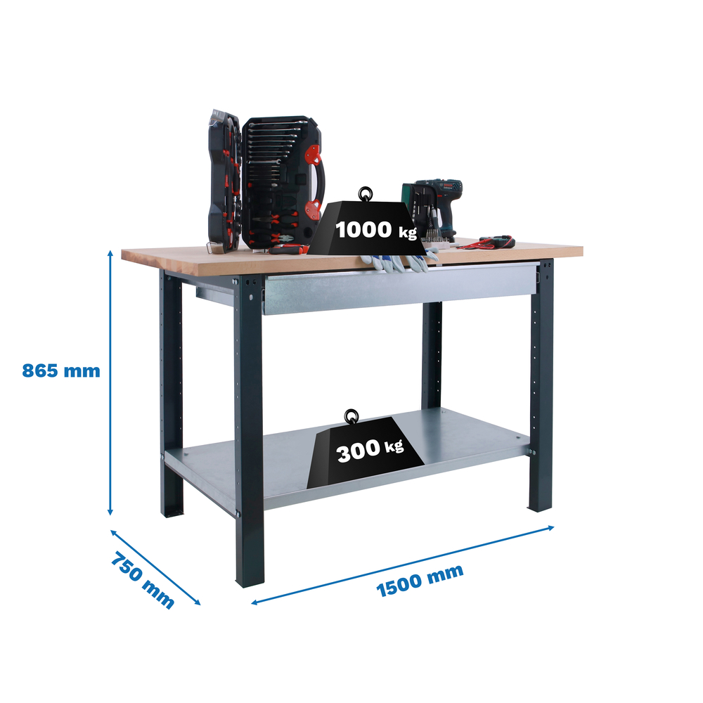 Kit établi mobile Bricolage - 865x1500x750 - 1 niveau Anthracite - SIMON RACK - 8425437126321