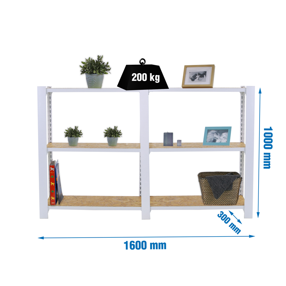 Rayonnage de bureau charge légère sans vis 1000x1600x300 - 3 niveaux Blanc - SIMON RACK - 8425437127274