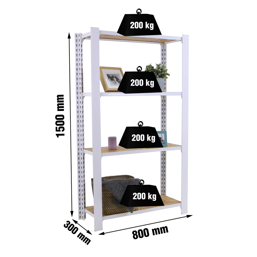 Rayonnage de bureau charge légère sans vis 1500x800x300 - 4 niveaux Blanc - SIMON RACK - 8425437127298