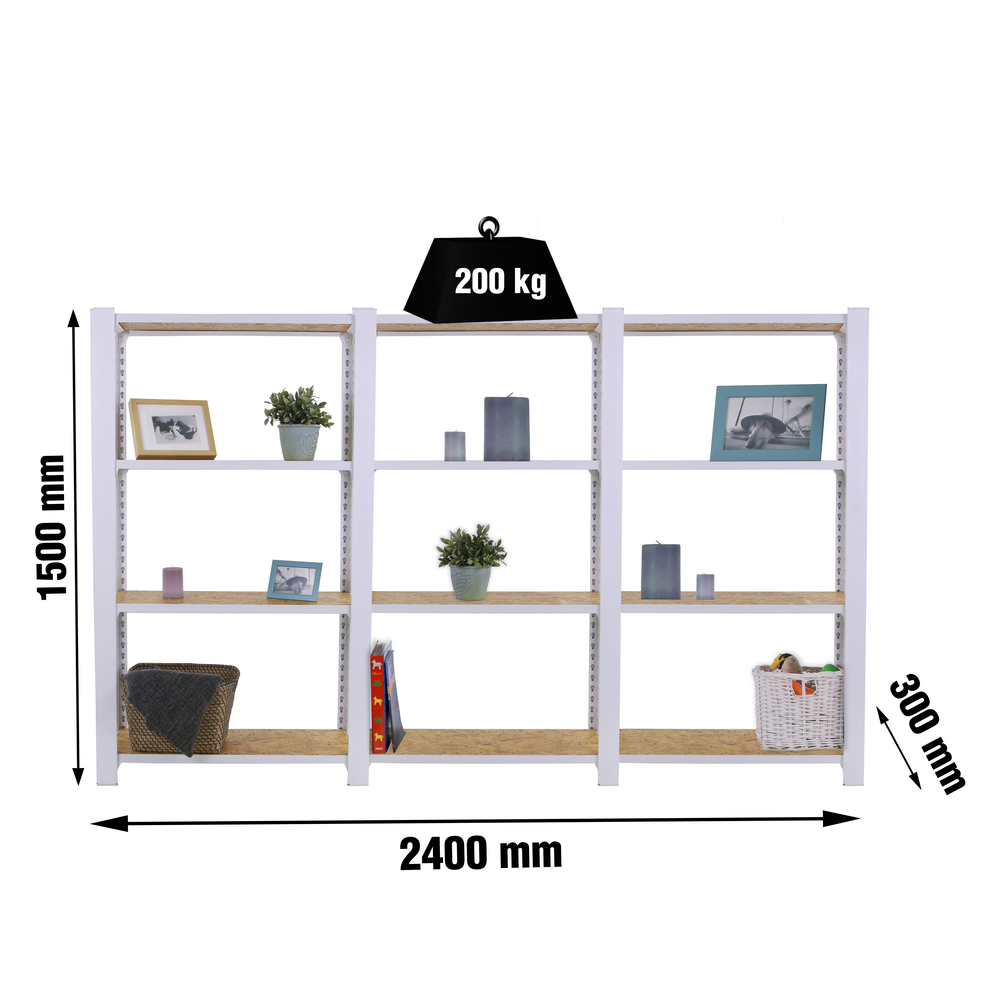Rayonnage de bureau charge légère sans vis 1500x2400x300 - 4 niveaux Blanc - SIMON RACK - 8425437127311