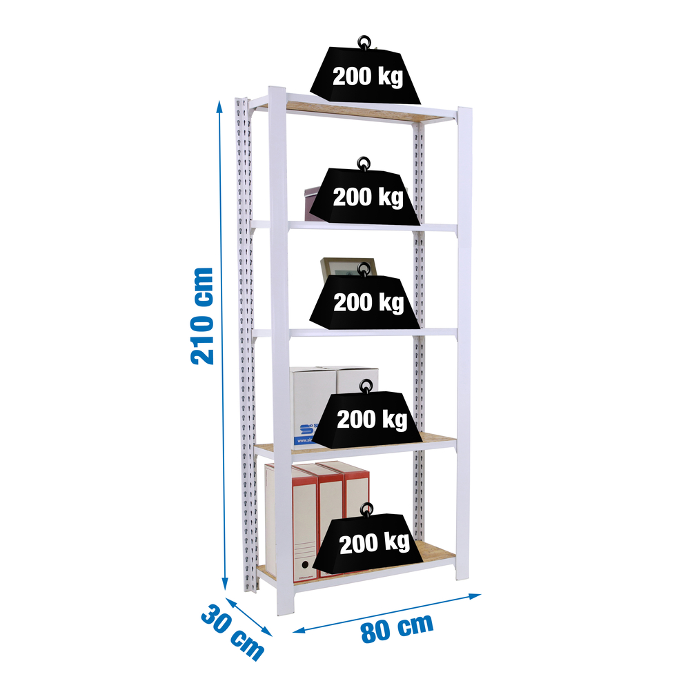 Rayonnage de bureau charge légère sans vis 2100x800x300 - 5 niveaux Blanc - SIMON RACK - 8425437127328