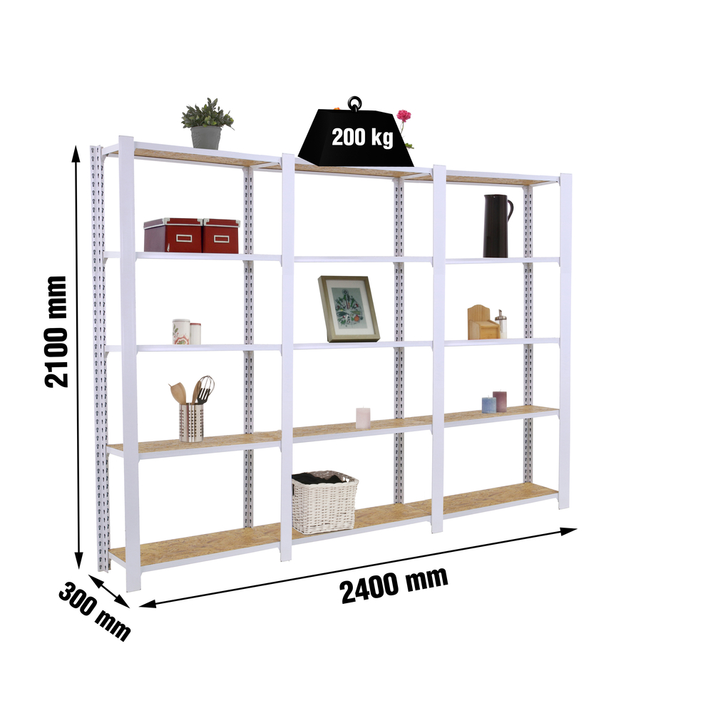 Rayonnage de bureau charge légère sans vis 2100x2400x300 - 5 niveaux Blanc - SIMON RACK - 8425437127342
