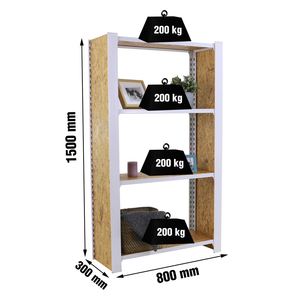 Rayonnage de bureau charge légère sans vis 1500x800x300 - 4 niveaux Blanc - SIMON RACK - 8425437127380
