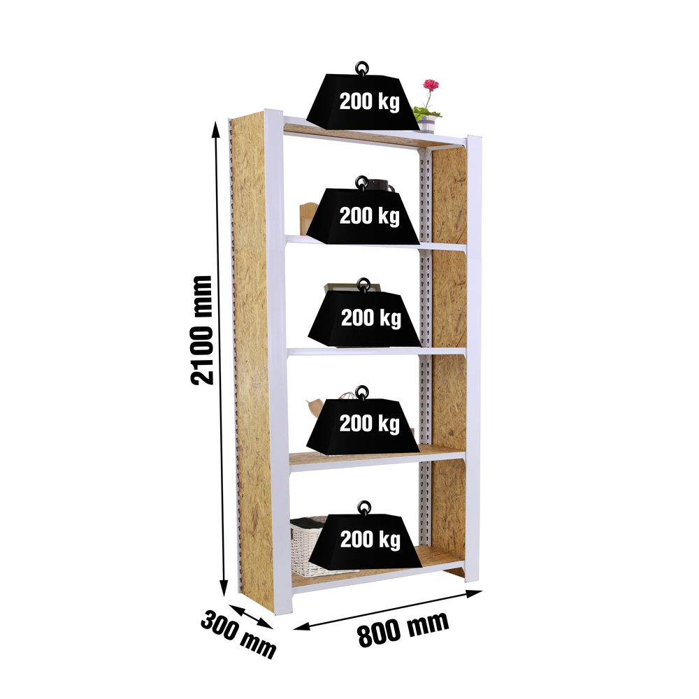 Rayonnage de bureau charge légère sans vis 2100x800x300 - 5 niveaux Blanc - SIMON RACK - 8425437127410