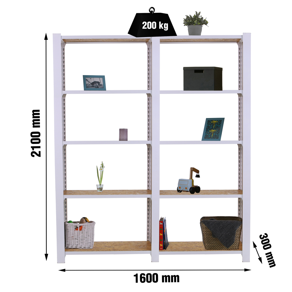 Rayonnage de bureau charge légère sans vis 2100x1600x300 - 5 niveaux Blanc - SIMON RACK - 8425437127427