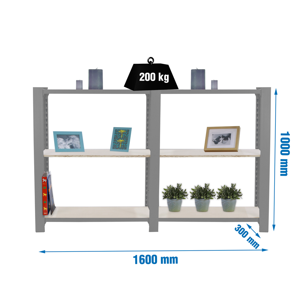 Rayonnage de bureau charge légère sans vis 1000x1600x300 - 3 niveaux Gris - SIMON RACK - 8425437127489