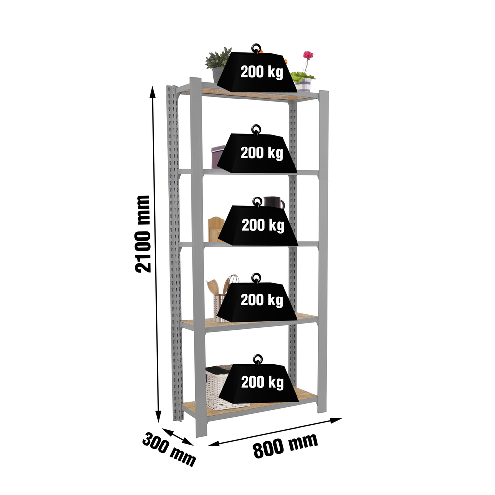 Rayonnage de bureau charge légère sans vis 2100x800x300 - 5 niveaux Gris - SIMON RACK - 8425437127533