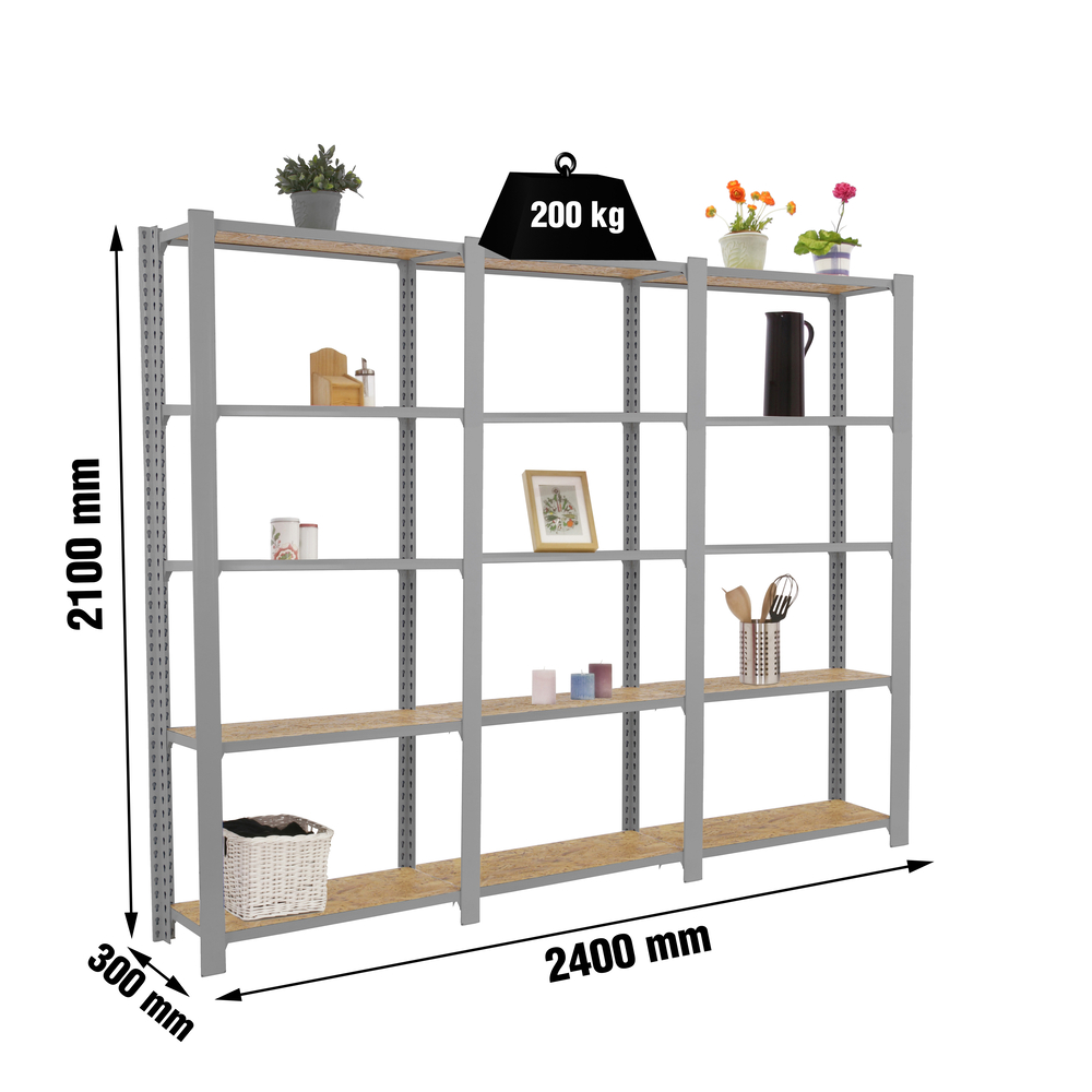 Rayonnage de bureau charge légère sans vis 2100x2400x300 - 5 niveaux Gris - SIMON RACK - 8425437127557