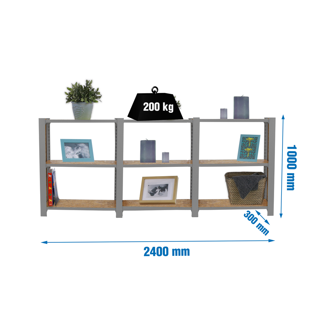 Rayonnage de bureau charge légère sans vis 1000x2400x300 - 3 niveaux Gris - SIMON RACK - 8425437127588