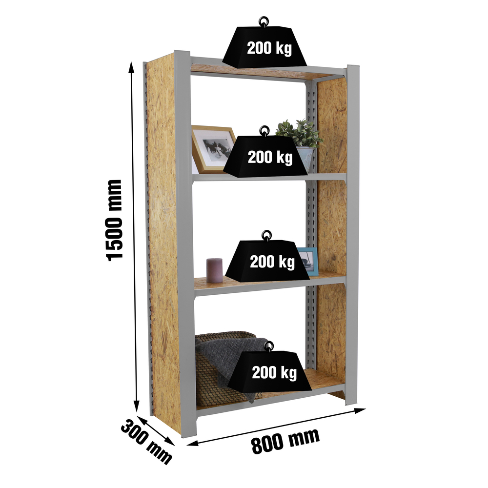 Rayonnage de bureau charge légère sans vis 1500x800x300 - 4 niveaux Gris - SIMON RACK - 8425437127595