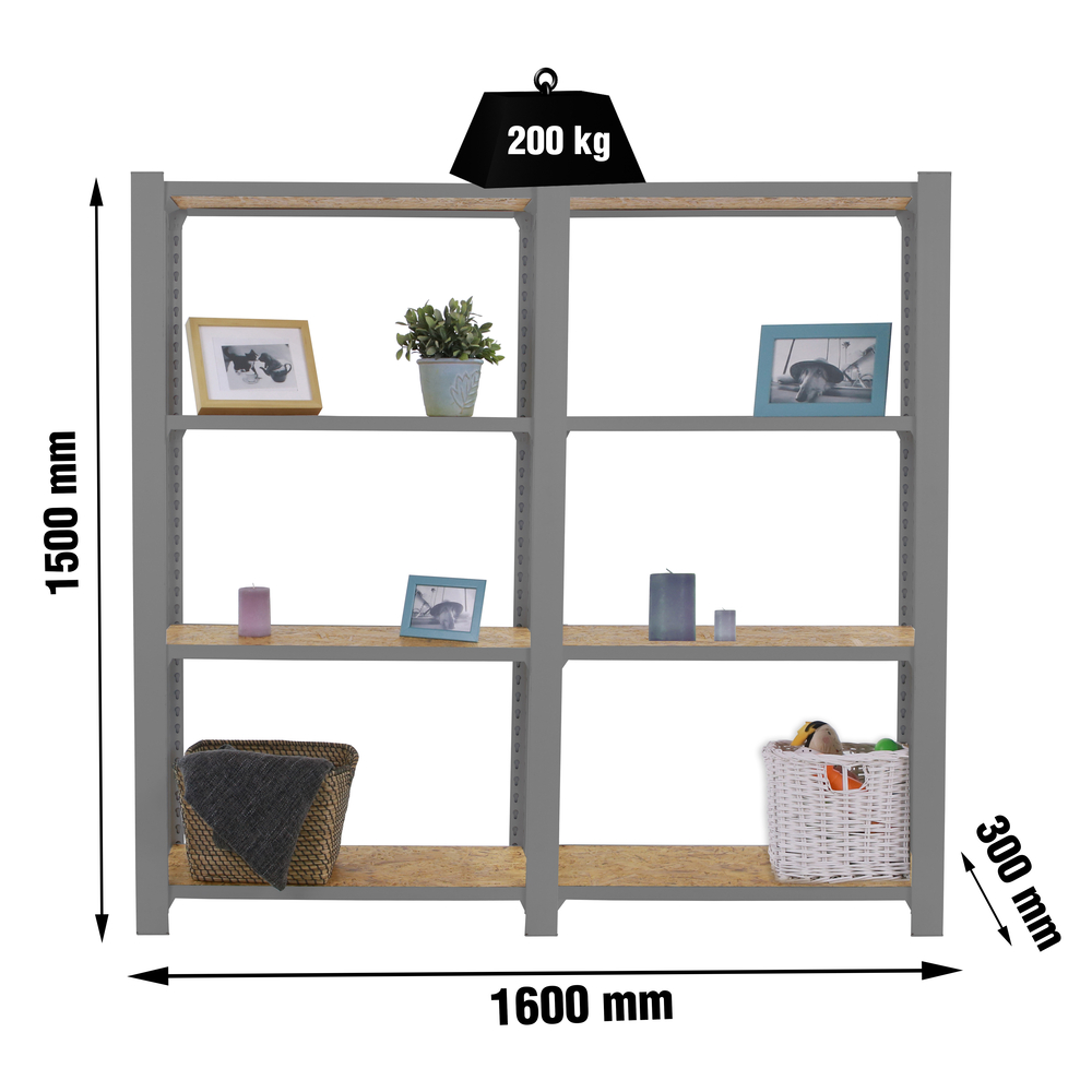 Rayonnage de bureau charge légère sans vis 1500x1600x300 - 4 niveaux Gris - SIMON RACK - 8425437127601