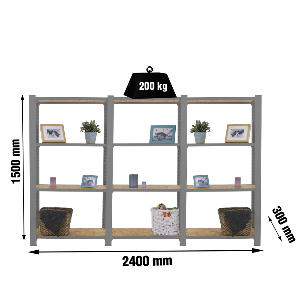Rayonnage de bureau charge légère sans vis 1500x2400x300 - 4 niveaux Gris - SIMON RACK - 8425437127618