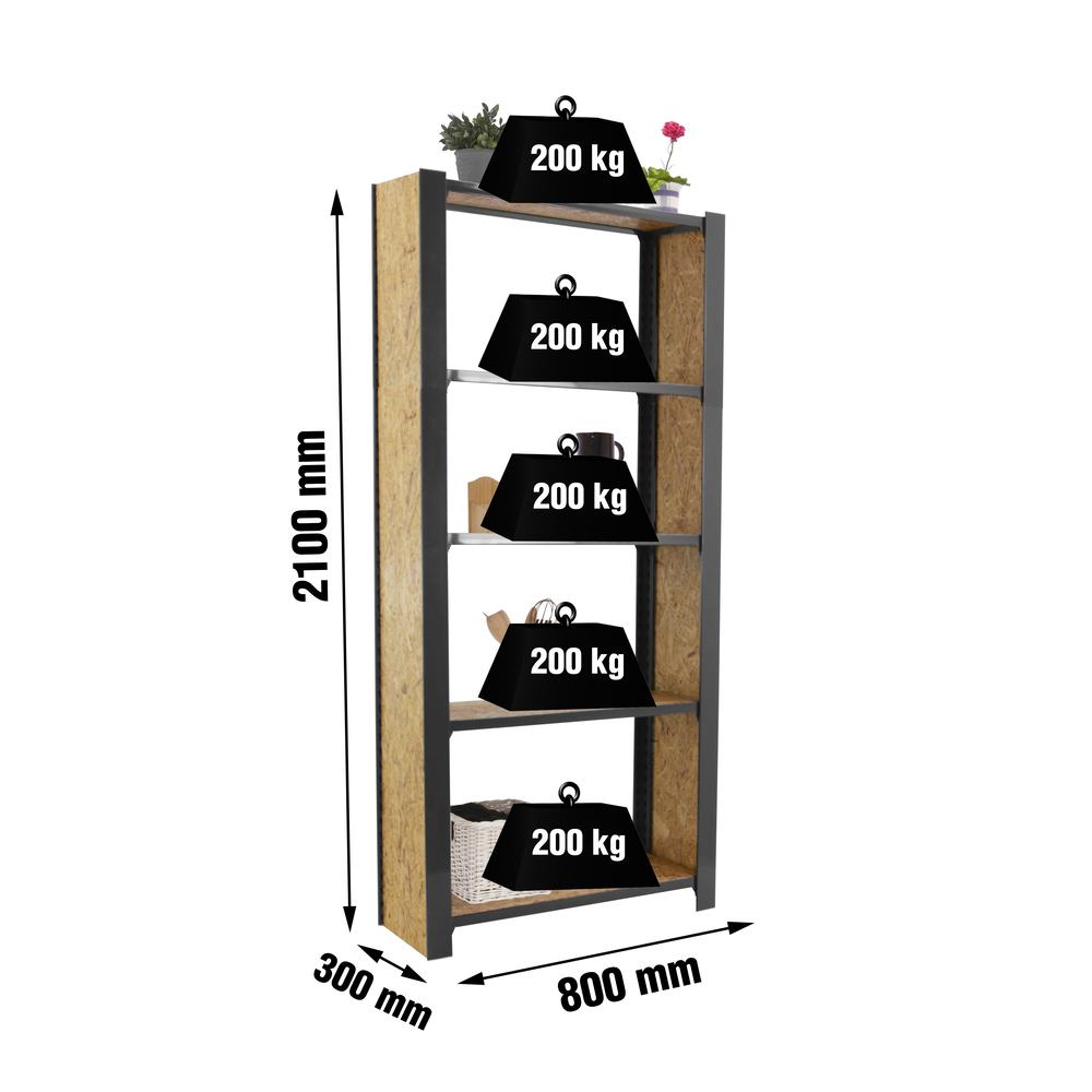 Rayonnage de bureau charge légère sans vis 2100x800x300 - 5 niveaux Gris - SIMON RACK - 8425437127625
