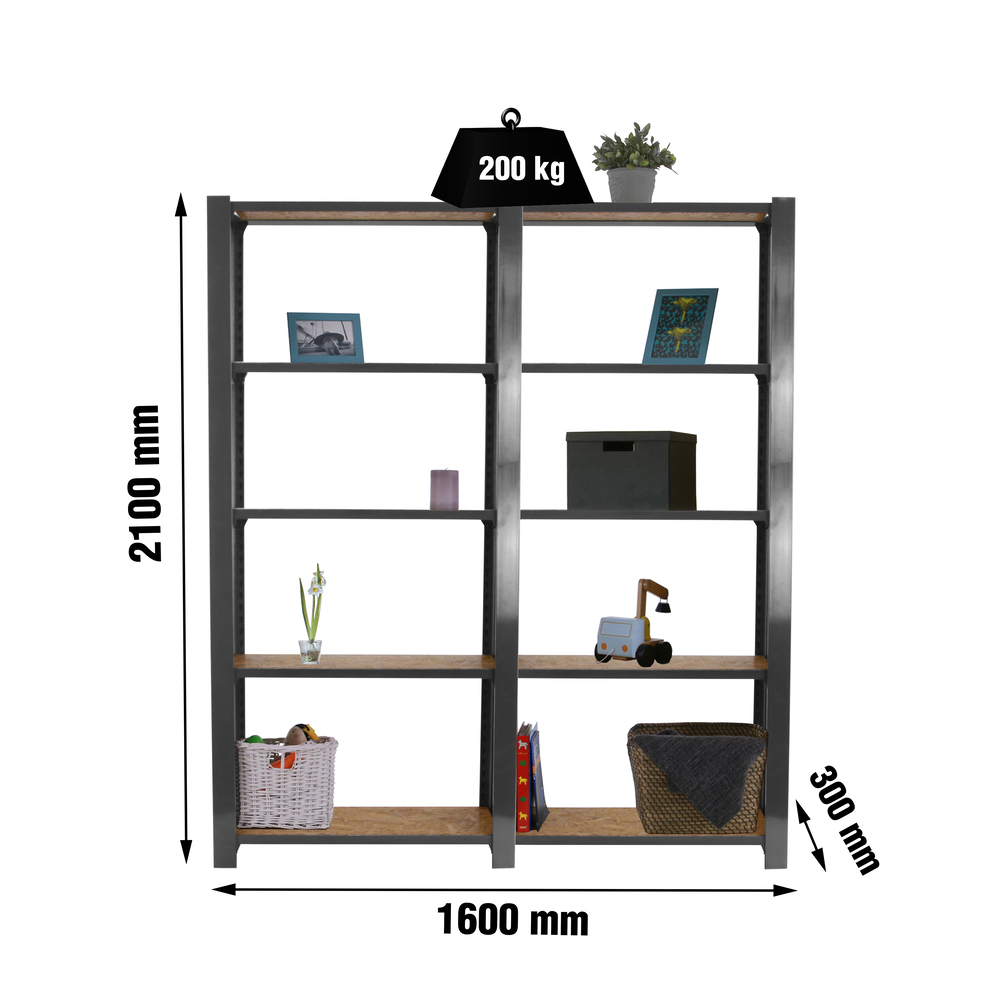Rayonnage de bureau charge légère sans vis 2100x1600x300 - 5 niveaux Gris - SIMON RACK - 8425437127632
