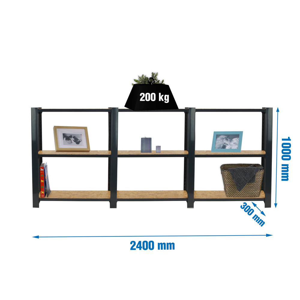 Rayonnage de bureau charge légère sans vis 1000x2400x300 - 3 niveaux Anthracite - SIMON RACK - 8425437127670