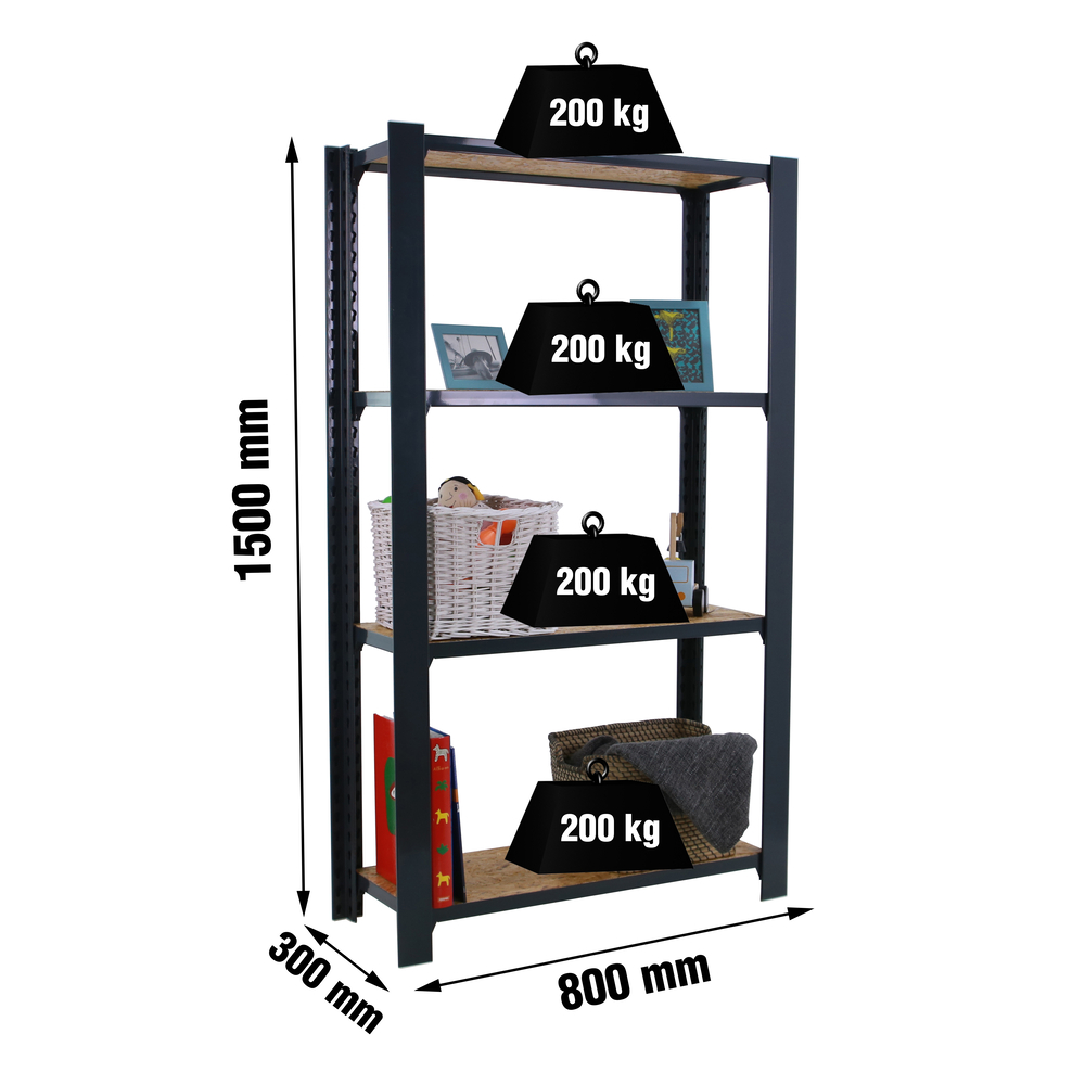 Rayonnage de bureau charge légère sans vis 1500x800x300 - 4 niveaux Anthracite - SIMON RACK - 8425437127687