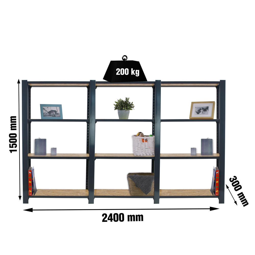 Rayonnage de bureau charge légère sans vis 1500x2400x300 - 4 niveaux Anthracite - SIMON RACK - 8425437127700