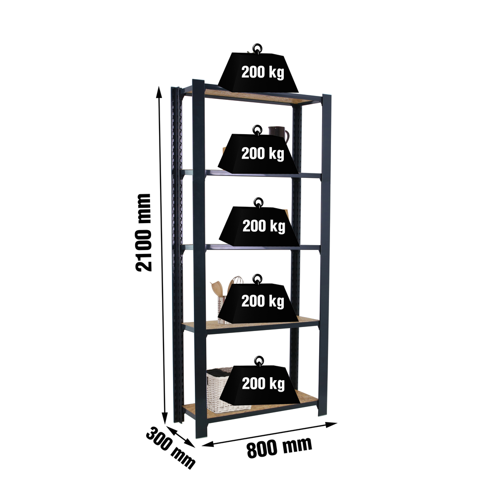 Rayonnage de bureau charge légère sans vis 2100x800x300 - 5 niveaux Anthracite - SIMON RACK - 8425437127717