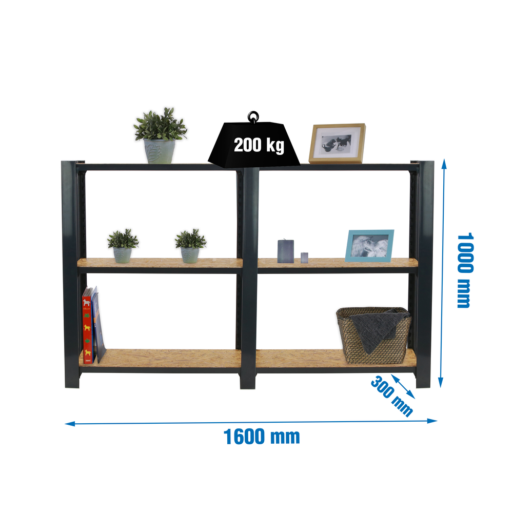 Rayonnage de bureau charge légère sans vis 1000x1600x300 - 3 niveaux Anthracite/Bois - SIMON RACK - 8425437127755