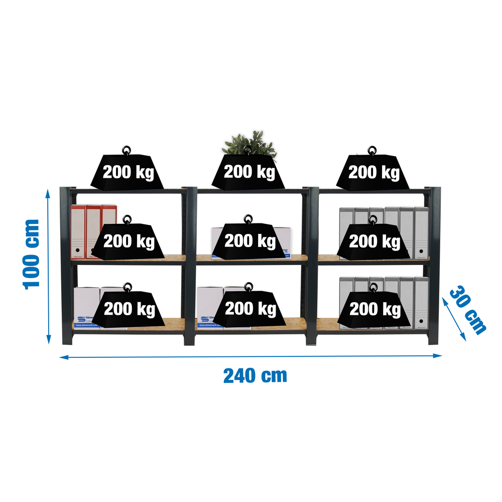 Rayonnage de bureau charge légère sans vis 1000x2400x300 - 3 niveaux Anthracite/Bois - SIMON RACK - 8425437127762