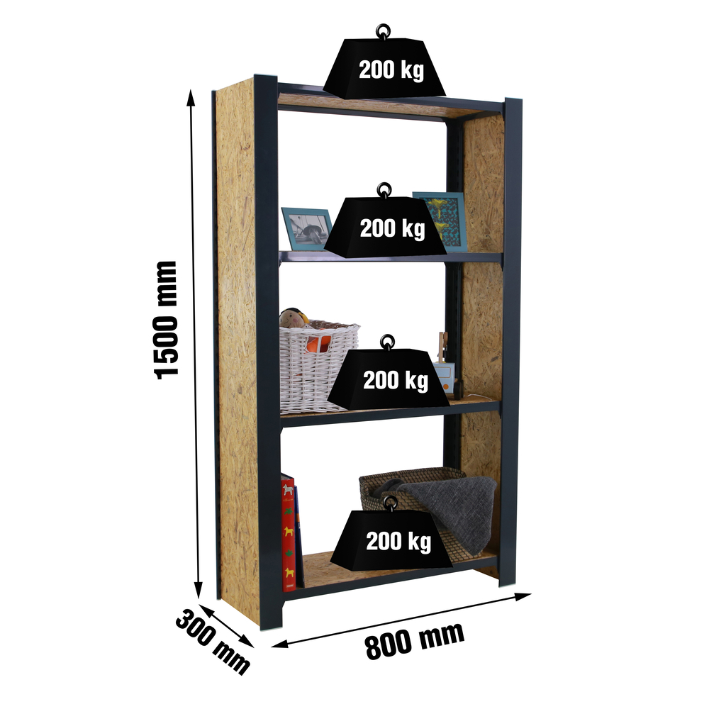 Rayonnage de bureau charge légère sans vis 1500x800x300 - 4 niveaux Anthracite/Bois - SIMON RACK - 8425437127779