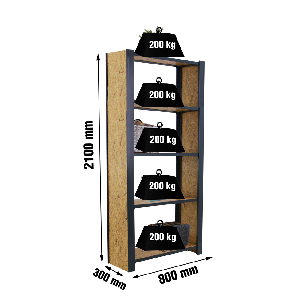 Rayonnage de bureau charge légère sans vis 2100x800x300 - 5 niveaux Anthracite/Bois - SIMON RACK - 8425437127809