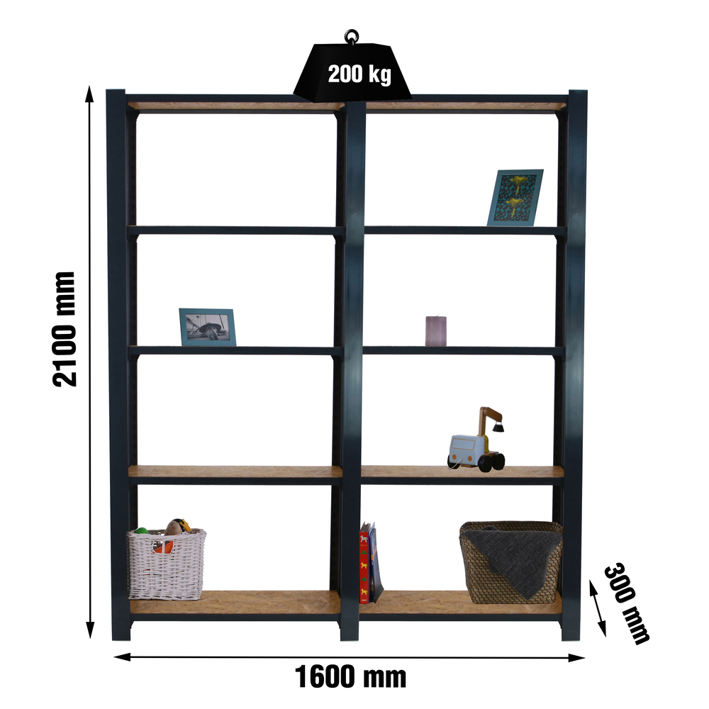 Rayonnage de bureau charge légère sans vis 2100x1600x300 - 5 niveaux Anthracite/Bois - SIMON RACK - 8425437127816