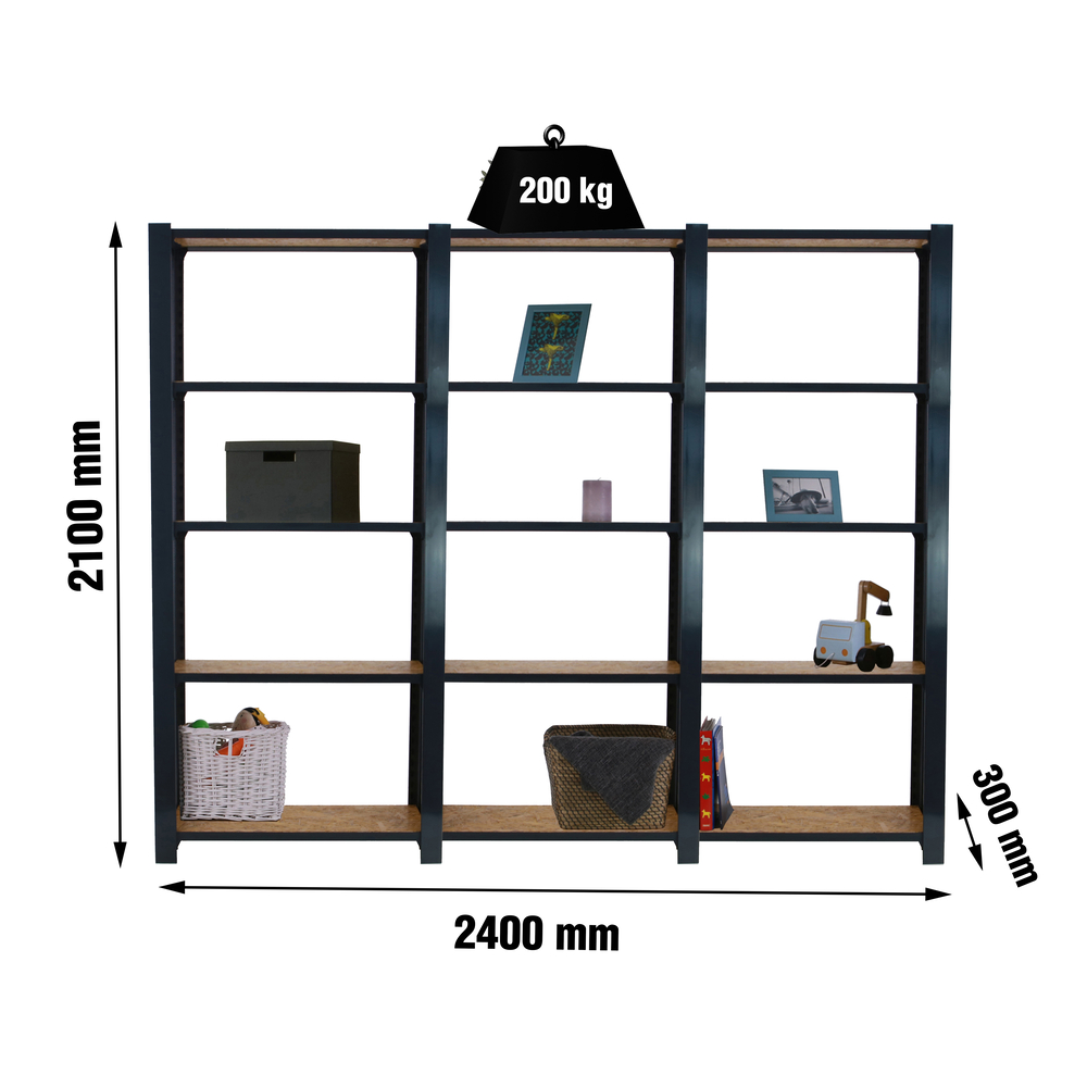 Rayonnage de bureau charge légère sans vis 2100x2400x300 - 5 niveaux Anthracite/Bois - SIMON RACK - 8425437127823