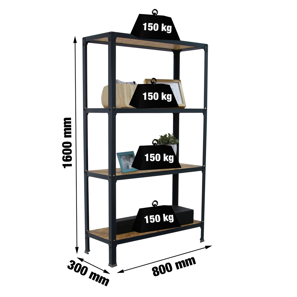 Rayonnage intérieur 1600x800x300 - 4 niveaux Anthracite - SIMON RACK - 8425437127847