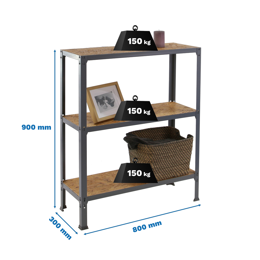 Rayonnage intérieur 900x800x300 - 3 niveaux Gris - SIMON RACK - 8425437128820
