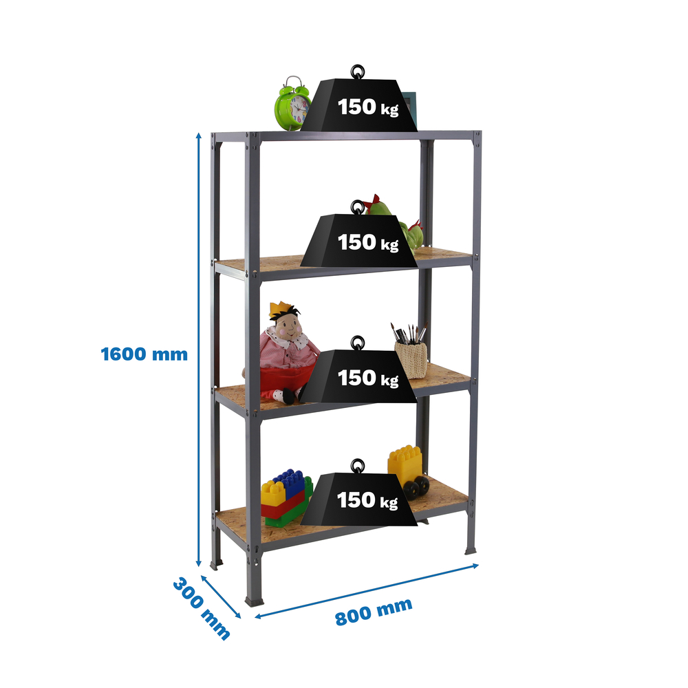 Rayonnage intérieur 1600x800x300 - 4 niveaux Gris - SIMON RACK - 8425437128882