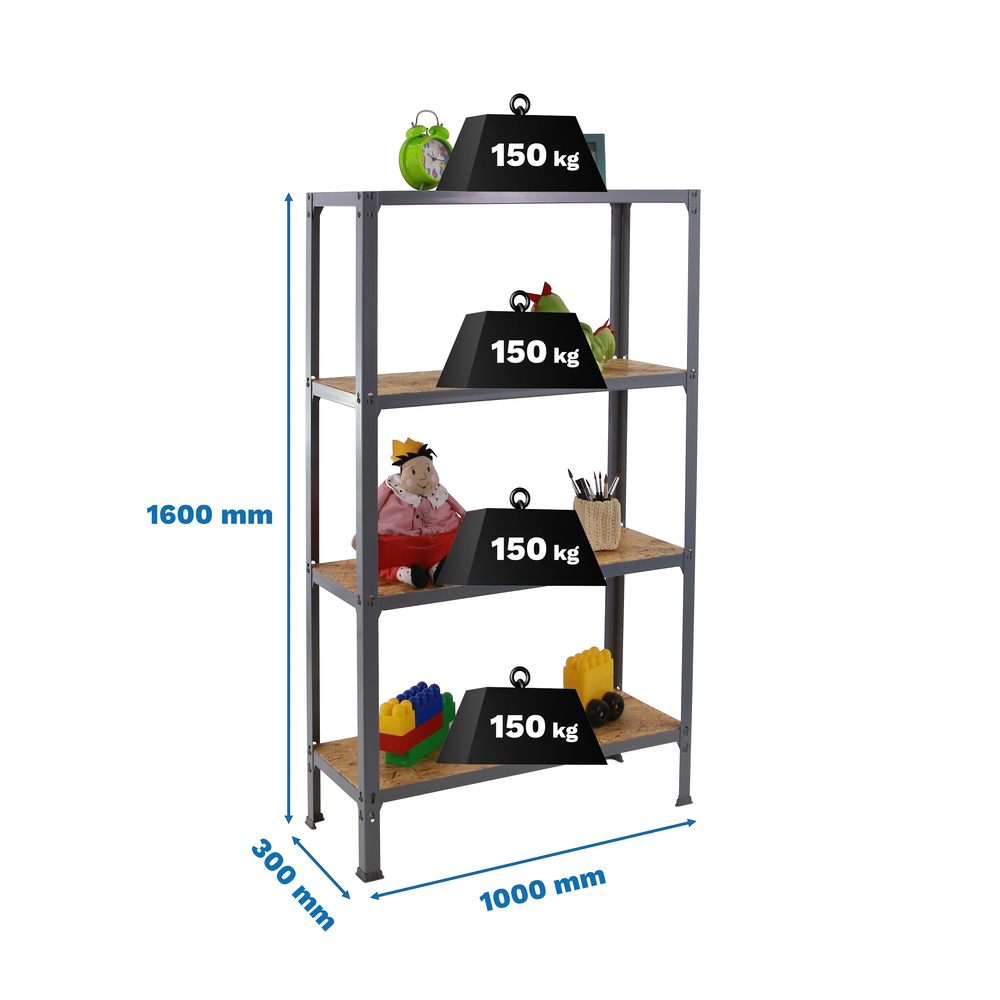 Rayonnage intérieur 1600x1000x300 - 4 niveaux Gris - SIMON RACK - 8425437128912