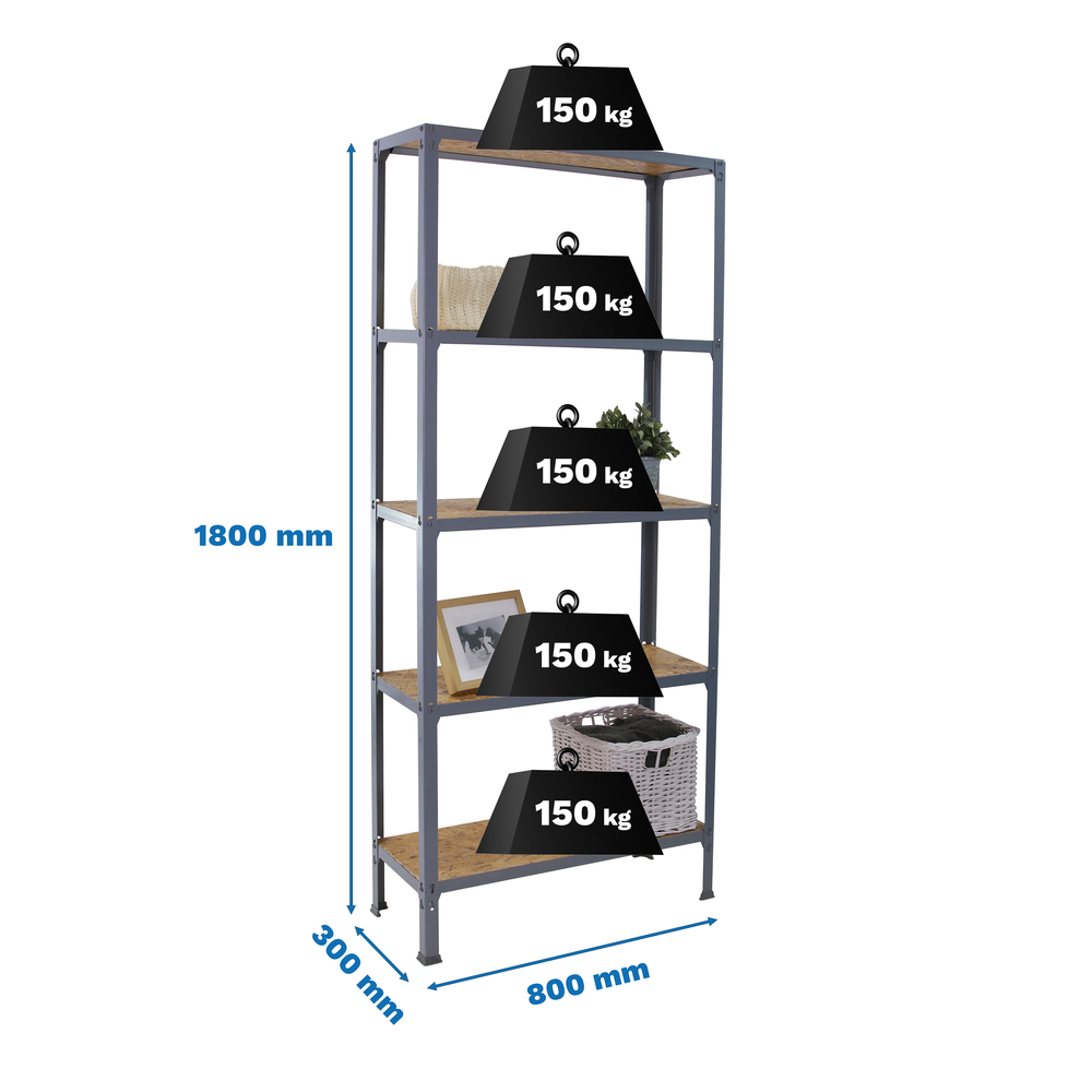 Rayonnage intérieur 1800x800x300 - 5 niveaux Gris - SIMON RACK - 8425437128943
