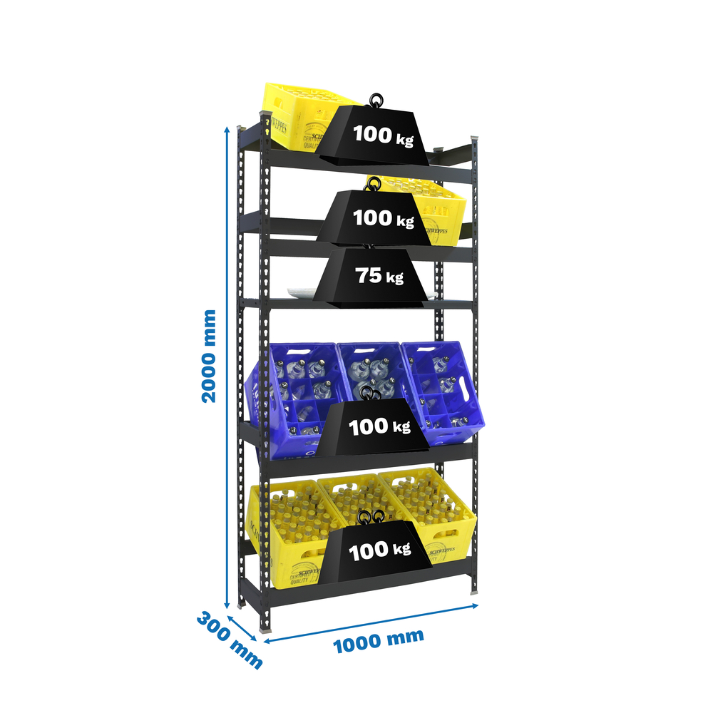 Rayonnage léger tri de bouteille sans vis 2000x1000x300 - 5 niveaux Anthracite - SIMON RACK - 8425437129728