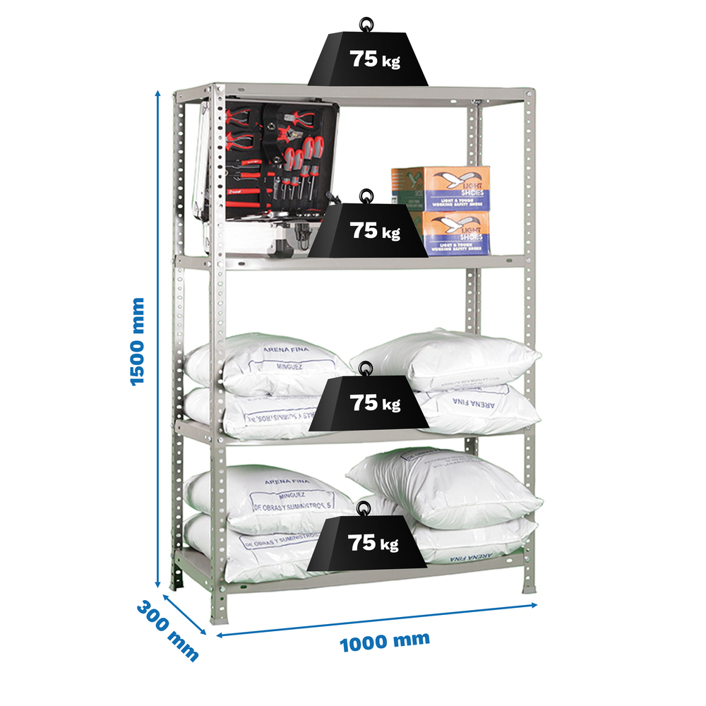 Rayonnage métallique léger à vis 1500x1000x300 - 4 niveaux Gris - SIMON RACK - 8425437129766
