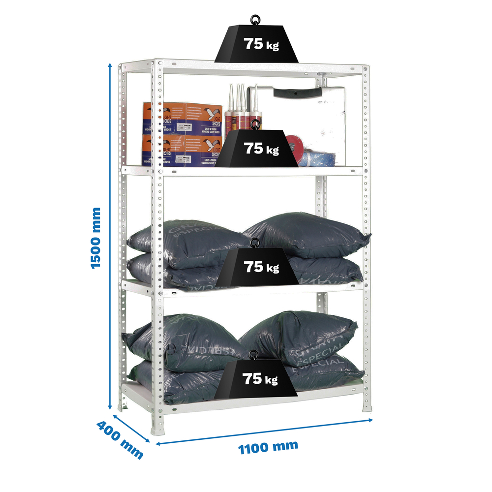 Rayonnage métallique léger à vis 1500x1100x400 - 4 niveaux Blanc - SIMON RACK - 8425437129841