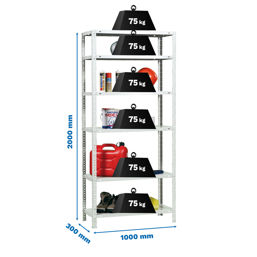 Rayonnage métallique léger à vis 2000x1000x300 - 6 niveaux Blanc - SIMON RACK - 8425437129872